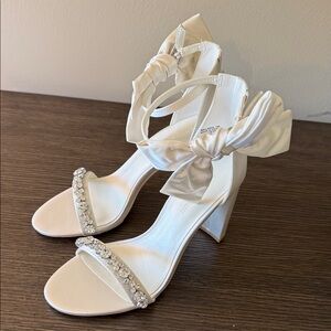 Oleg Cassini Ivory Satin Block Heel Sandals with Crystal Strap